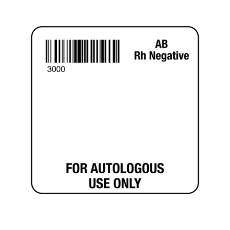 NEVS ISBT 128 AB Rh Negative For Autologous Use Only 2" x 2" BBC-3000